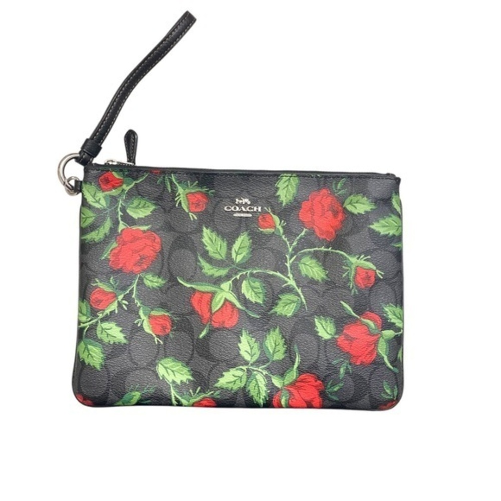 Coach large signature black gray red floral wristlet clutch bag